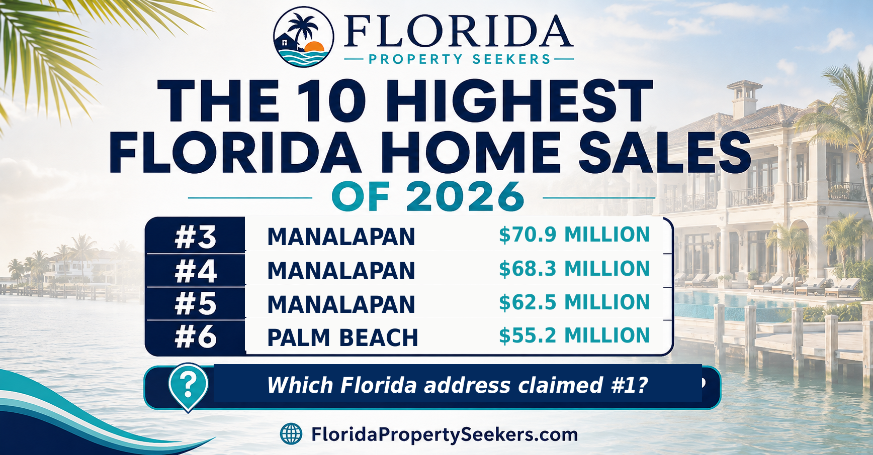 Florida Property Seekers graphic showing selected entries from the highest Florida home sales of 2026.