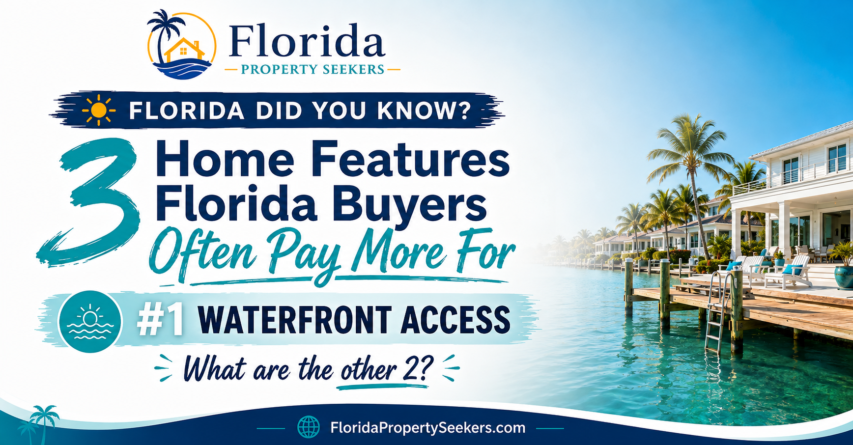 Florida Property Seekers graphic about three home features Florida buyers often pay more for.