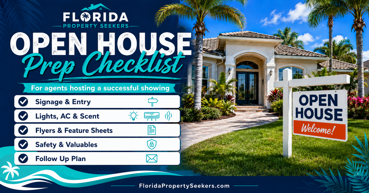 Open house prep checklist for agents from Florida Property Seekers.