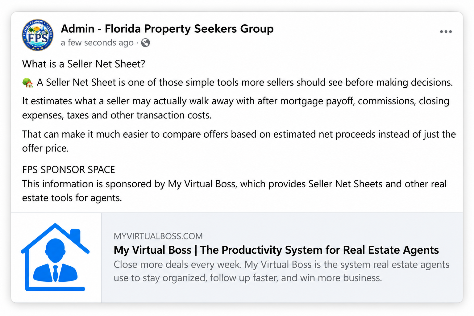 Example FPS Sponsor Space featuring a seller net sheet and sponsor website preview
